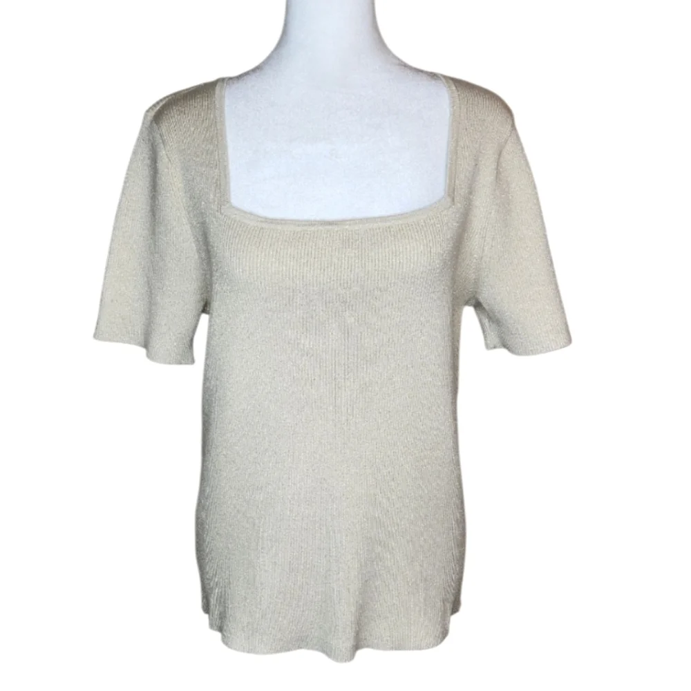 NEW Loft Gold Metallic Square Neck Short Sleeve Sweater Size XL